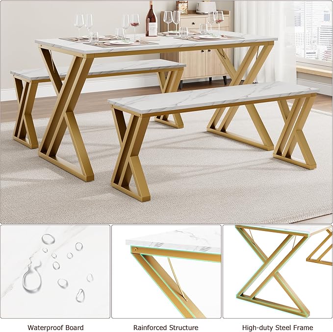 GAOMON Dining Table Bench Set for 4, Kitchen Table Set With 2 Benches, Rectangular Dining Room Table Set With Faux Marble Tabletop, Sturdy Metal Frame, Saving Space for Kitchen, Dining Room, Apartment