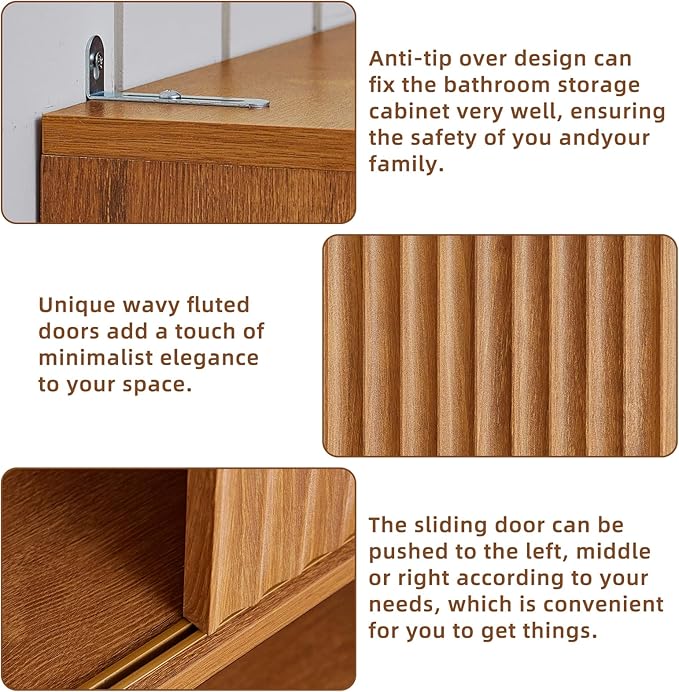 LEYAOYAO Fluted Over The Toilet Storage Cabinet, Farmhouse Over Toilet Bathroom Organizer with a Sliding Door, 68" Tall Tea Brown Freestanding Washer Shelf with Adjustable Shelf & Curved Profile
