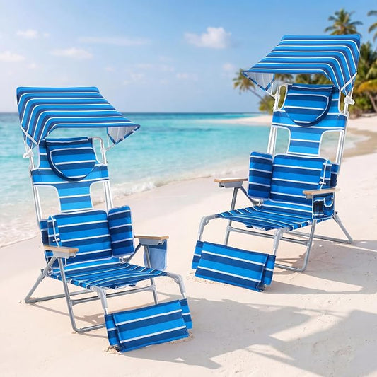 5-Positon Backpack Beach Chair, Portable Folding Tanning Chair, Double Shoulder Straps Beach Lounge Chair with Footrest, Face Hole, Towel Bar (Blue White, 60.6" with Canopy (Set of 2))