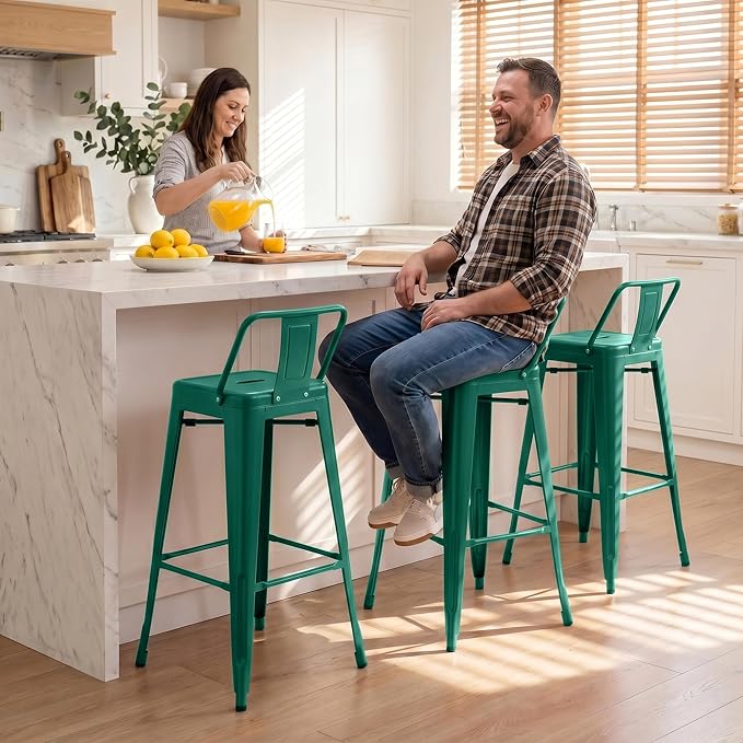 Furmax 30 Inch Metal Bar Stools Set of 4, Counter Height Stools, Industrial Bar Chairs Patio Stool Stackable Stool for Kitchen/Dining Room/Indoor Outdoor(Green, 30'' Lower Back)