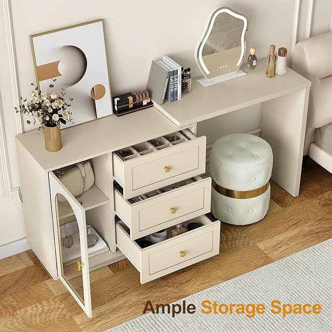 RoyalCraft 59” Large Makeup Vanity Desk, Beige L Shaped Corner Vanity Table with 3 Drawer & 1 Door, Modern Extendable Dressing Table, Vanity Dresser Combo for Bedroom, Dressing Room (Without Mirror)