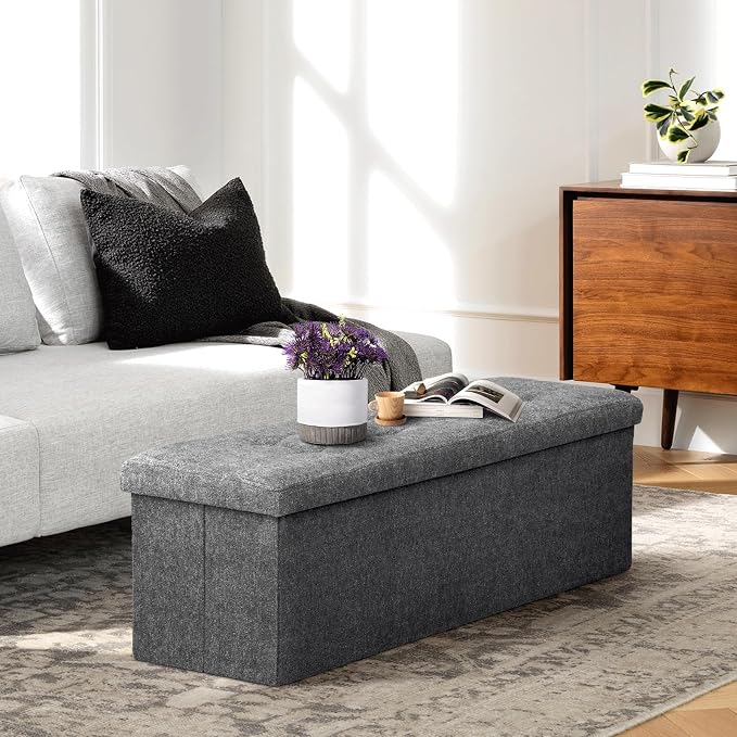 Athena Collection Ottoman Bench with Storage, 43 Inches Large End of Bed Storage Ottoman Bench, 130L Load 220 Lbs Linen Foot Rest for Bedroom, Living Room, Entyway, Dark Gray