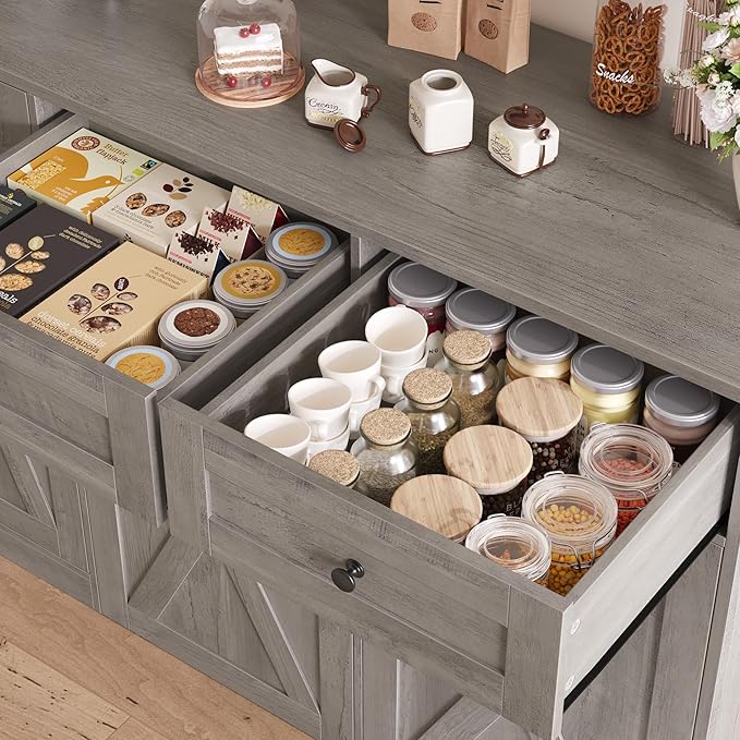 HOSTACK 71" H Kitchen Trash Can Cabinet, 12.5 Gallon Double Pull Out Garbage Can Hutch Cabinet with Trash Bin Storage Holders, 47" Wide Kitchen Pantry with Hidden Garbage Storage, Ash Grey