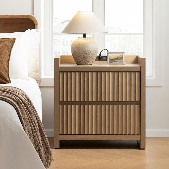 SICOTAS Night Stands Set of 2-Fluted Nightstands with Charging Station- Modern 2 Drawers Nightstand 25" Tall Bedside Table End Table, Large Night Stand for Bedroom, Sofa Side