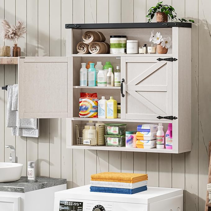 Bathroom Wall Cabinet, Farmhouse Medicine Cabinet with Adjustable Shelves and 2 Barn Doors, Wall Mounted Over the Toilet Storage Cabinet for Bathroom, Laundry Room, Kitchen, Rustic White and Black