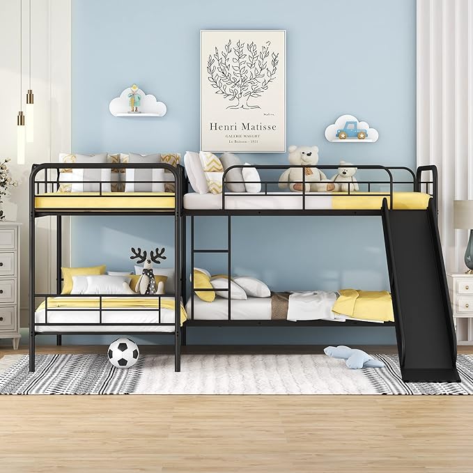 Bellemave Quad Bunk Beds with Slide L-Shape Bunk Bed for 4 Twin Over Twin Metal Bunked Frame for Kids Boys Girls Teens, Black