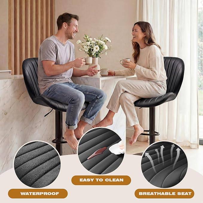 GRUSIGN Bar Stools Set of 4, Modern Swivel Adjustable Bar Chairs, Faux Leather Upholstered Counter Height Bar Stools with Backrest, Comfort Barstools for Kitchen Island, Home Bar, Black
