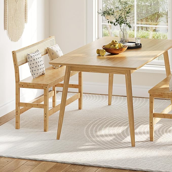 HOOBRO Dining Bench, Bamboo Farmhouse Entryway Bench with Back for Kitchen, Living Room, Bedroom, Easy to Assemble, Sturdy and Stable, Natural YL05CD01