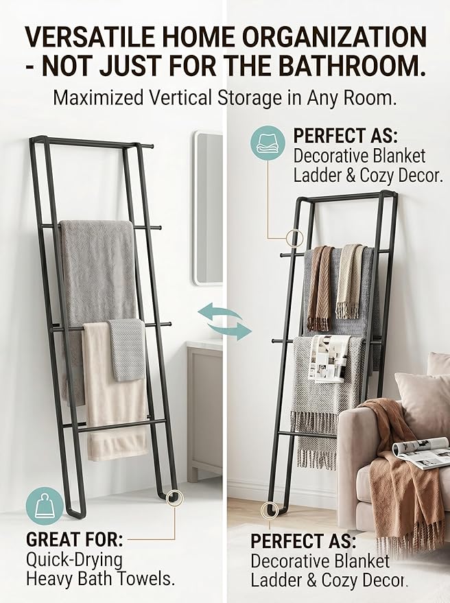 CANYAVE Metal Leaning Ladder Towel Rack, 4-Tier Blanket Stand for Bathroom Living Room, No Drilling Quilt Storage Organizer (Matte Black)