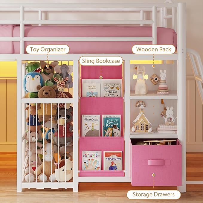 Low Loft Bed Twin Size with 4 Storage Drawers and LED Lights, Twin Loft Bed with Sling Bookcase & Toy Storage, Kids Twin Beds with Anti-Collision Pad & Play Curtain, Under-Bed Play Space, Pink+White