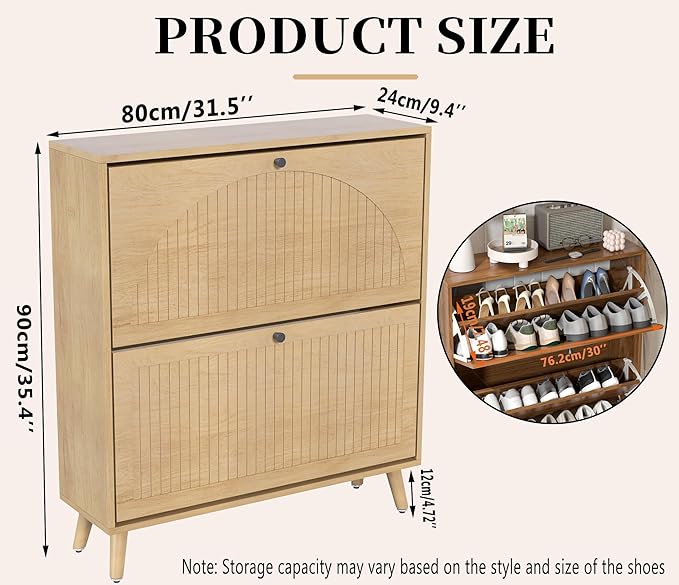 Fsbecl Shoe Storage Cabinet for Entryway with 2 Flip Drawers, Narrow Wood Shoe Cabinet with Fluted Panel, Freestanding Hidden Shoe Organizer for Foyer, Hallway (Wood Color)
