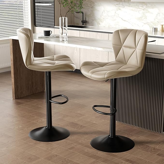 Nalupatio Modern Bar Stools Set of 2, Adjustable Faux Leather Upholstered Swivel Bar Stools, Counter Bar Chairs with Back for Kitchen Island, Khaki