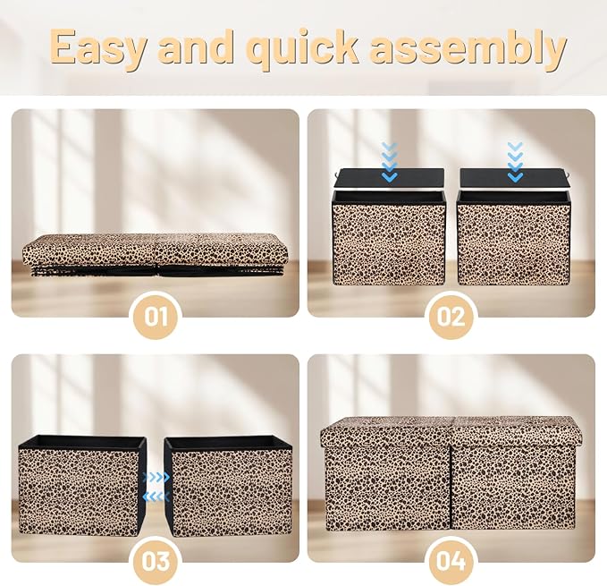 Bsketa Storage Ottoman Bench with Folding Lid Ⅲ, Foot Stools Opens on Both Ends, Footrest Foldable Velvet Chest for Living Room, Bedroom, Entryway, End of Bed Storage Blanket Ottomans Leopard Print