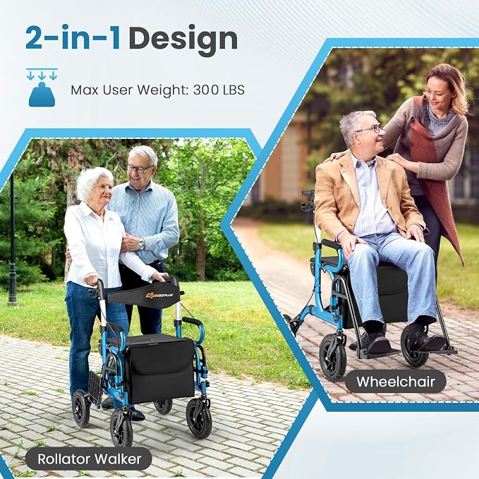 Goplus Walkers for Seniors with Seat, 2 in 1 Folding Rolling Rollator Walker & Wheelchair Combo with Brakes, 9" Pneumatic Tires for All Terrain, Aluminum Adult Mobility Walking Aid