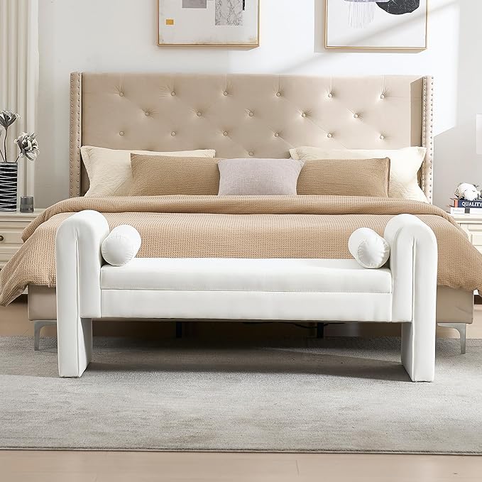 Modern Bench for Bedroom End of Bed, 60.5" Velvet Upholstered Rolled Armed Stool Bench, Ottoman Long Bench with 2 Pillows for Entryway/Bedroom/Hall/Living Room (White-60.5 Inch)