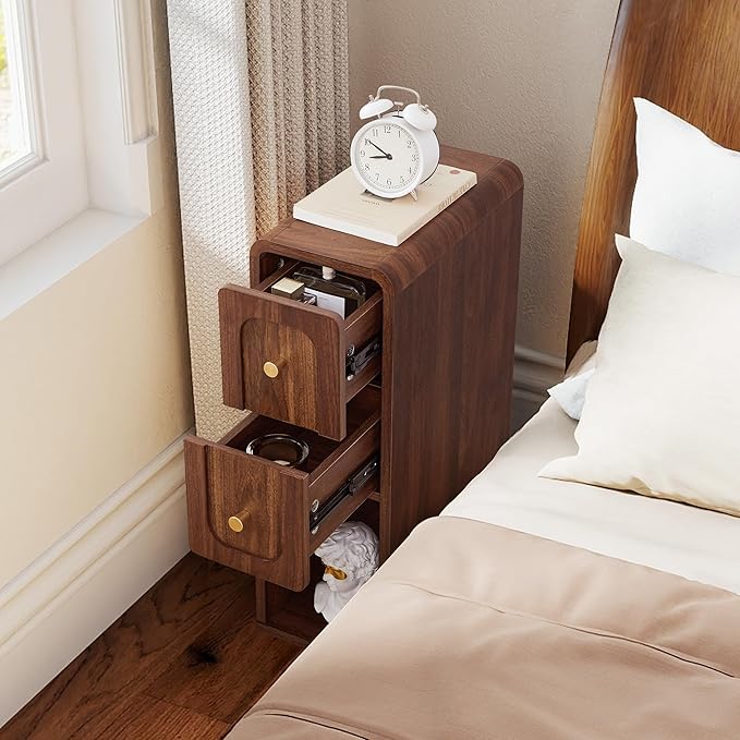 Narrow Nightstand with 2 Drawers, Small Bedside Tables, Mid-Century Modern Slim Night Stand with Storage, Wooden End Table for Small Spaces, Bedroom, Living Room (Walnut-1PCS)