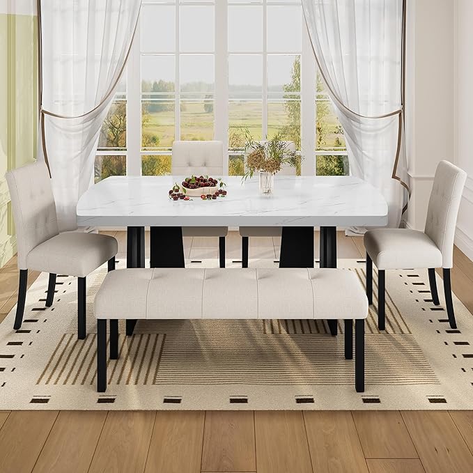 Merax 6-Piece Dining Table Set for 6, Modern Faux Marble Oval Kitchen Tabletop with Four Upholstered Chairs and One Bench for Dining, Living Room, Kitchen, Easy Assembly, White+ Beige