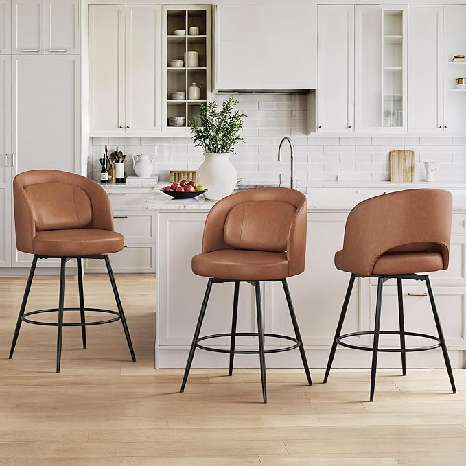 LUE BONA 26''H Swivel Bar Stools Set of 3, Counter Height Bar Stools with Backs, Lumbar Pillow and Black Metal Frames, Upholstered Modern Barstools for Kitchen Island, Faux Leather, Brown