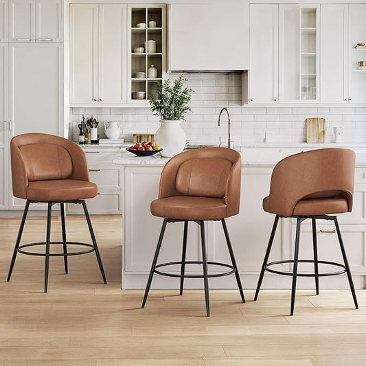 LUE BONA 26''H Swivel Bar Stools Set of 3, Counter Height Bar Stools with Backs, Lumbar Pillow and Black Metal Frames, Upholstered Modern Barstools for Kitchen Island, Faux Leather, Brown