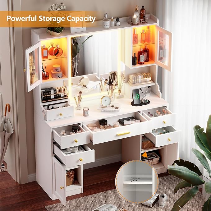 White Makeup Vanity Desk with Mirror and Lights, Large Vanity Table Set with Charging Station, Dressing Table with RGB Cabinets, Makeup Vanity Mirror with Light Desk and Drawers, 3 LED Light Modes