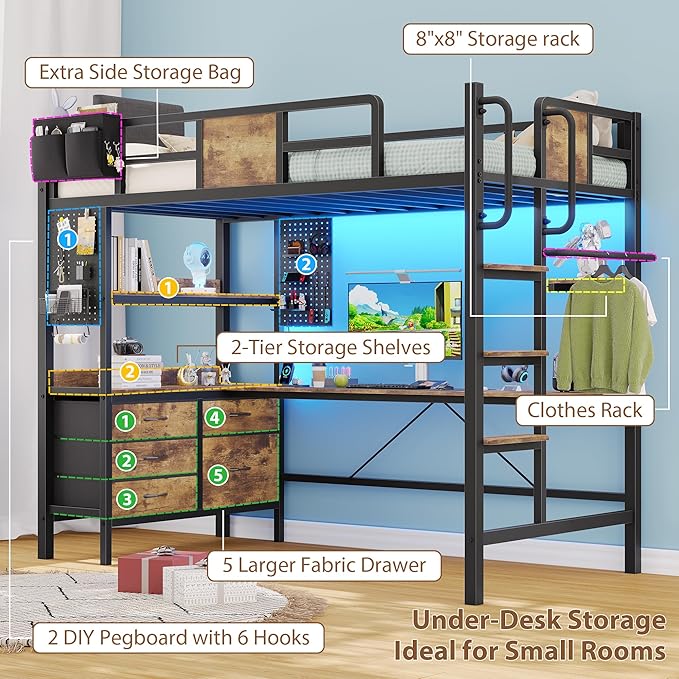 Dnxao Loft Bed Twin Size with L-Shaped Desk and 5 Storage Drawers, LED Metal Twin Loft Bed for Teens & Adults, Space-Saving Workstation with Charging Station for Small Bedroom & Dorm, Rustic Brown
