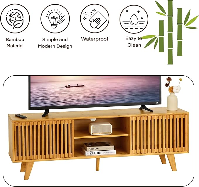 Bamboo TV Stand for TVs up to 65", Accent Entertainment Center with Storage, Media Console Table with Sliding Fence Door, Modern TV Stand for Living Room, Bedroom, 55"(L), Burlywood