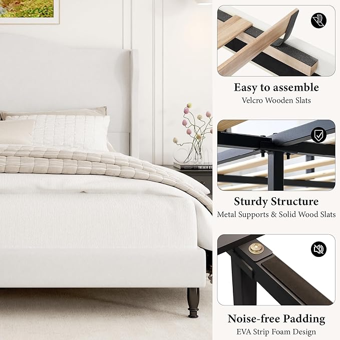 King Upholstered Bed Frame with Tall Headboard, Leather Platform Bed with Wingback Sides, Wood Slats Support, Noise-Free Design, No Box Spring Needed, Easy Assembly, White