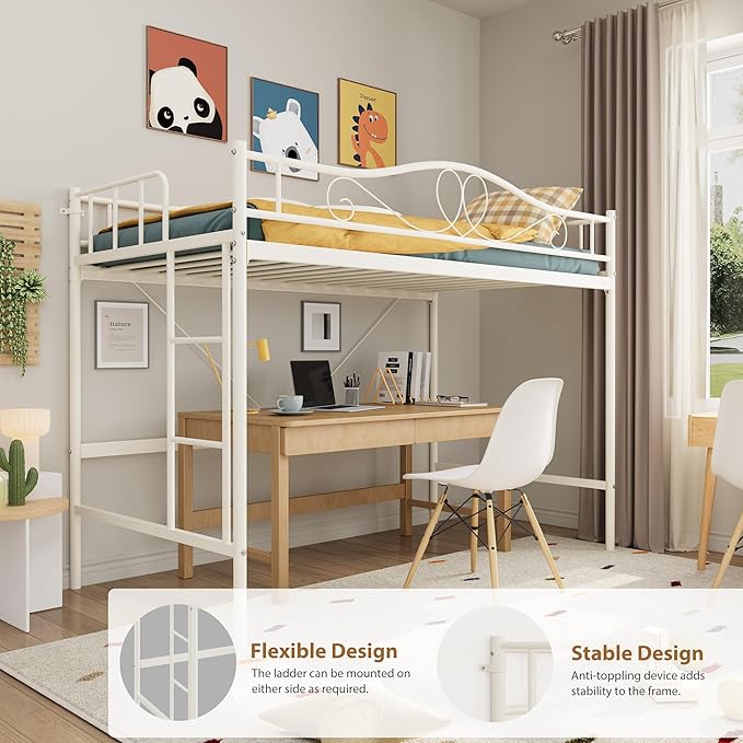 IDEALHOUSE Loft Bed Twin Size with Ladder & Full Safety Guardrail, Heavy Duty Metal Twin Loft Bed 400 Lbs Load Capacity, Space-Saving, Noise Free, No Box Spring Needed, Easy Assembly, Cream White