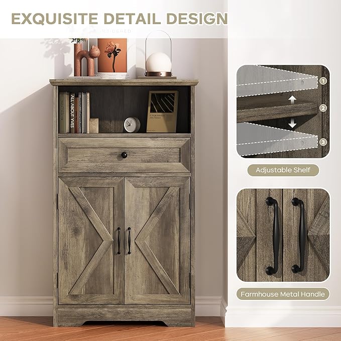 Floor Cabinet, Farmhouse Storage Cabinet with Barn Doors and Drawer, Freestanding Adjustable Shelf Organizer for Bathroom, Kitchen, Living Room Grey
