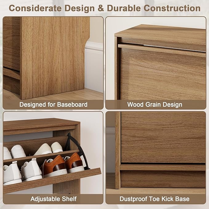 Shoe Cabinet with 3 Flip Drawers, 23.62" W Narrow Shoe Storage Cabinet for Entryway, Slim Shoe Organizer with Adjustable Shelves, Freestanding Shoe Rack for Hallway, Living Room, Walnut
