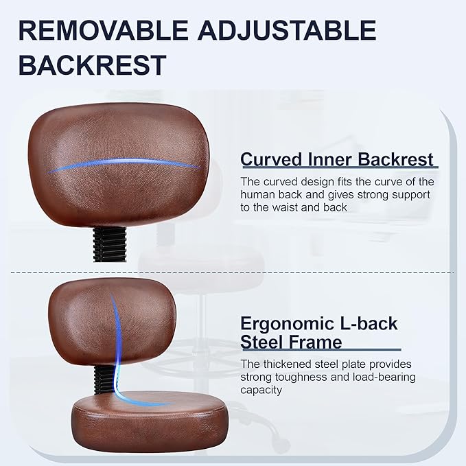 Brick Attic Drafting Chair with Backrest – Adjustable Foot Rest Rolling Stool with Wheels, PU Leather Swivel Stool for Office Spa Studio Lab Counter Salon Home Work Bar Kitchen Shop(Ember Brown)