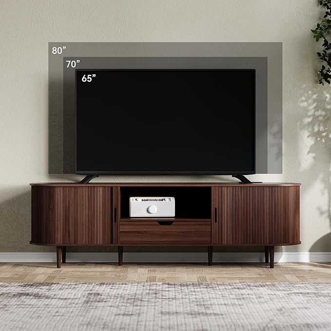 DHH 71" Fluted TV Stand with Power Outlet for TVs up to 80", TV Console with Adjustable Shelves and Sliding Door,Mid Century Modern Entertainment Center for Living Room,Bedroom (Walnut, 71Inch)