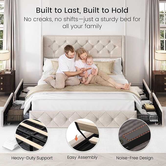 LARMACE Queen Size Bed Frame with 4 Storage Drawers and 47.2" Tall Tufted Headboard Linen Upholstered Platform Bed Frame Wingback Beds with Wooden Slats Support, Easy Assembly, Beige