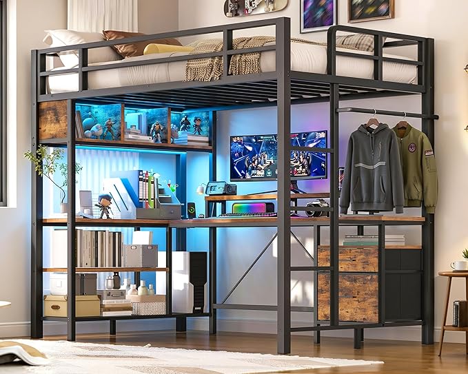RALGEND Twin Loft Bed with L-Shaped Gaming Desk and Charging Station, Metal Loft Bed Frame with RGB Lights, Storage Drawers and Hanging Rod, Loft Bed for Teen/Adult, Rustic Brown