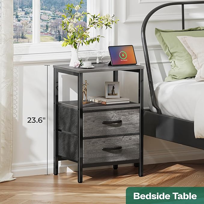 Huuger Nightstand with Charging Station, Fabric Drawers, End Table with Open Shelf, Bedside Table with USB Ports and Outlets, Night Stand for Bedroom, Gray