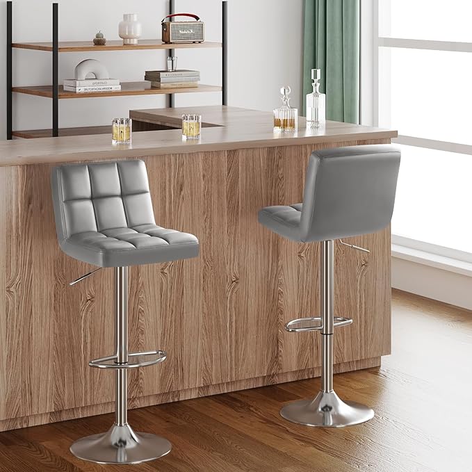 Furmax Bar Stools Modern Pu Leather Swivel Adjustable Hydraulic Bar Stool Square Counter Height Stool Set of 2 (Light Gray)