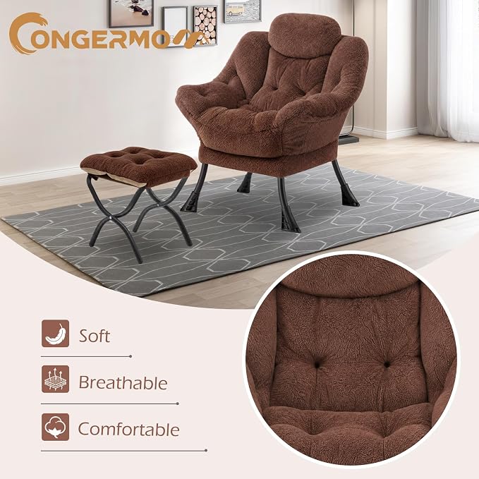 Lazy Chair with Folding Ottoman,Leisure Sofa Chair,Soft Fabric Armchair with Armrests and Side Pockets, Reading Chair with Footrest for Living Room, Bedroom, Office (Plush Dark Brown)