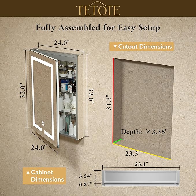 TETOTE 24 x 32 LED Lighted Medicine Cabinet with Lights & Outlets & USB, Recessed or Surface Mount Medicine Cabinet Mirror for Bathroom with Storage, Tempered Glass, 3-Color Dimming, Adjustable Shelf