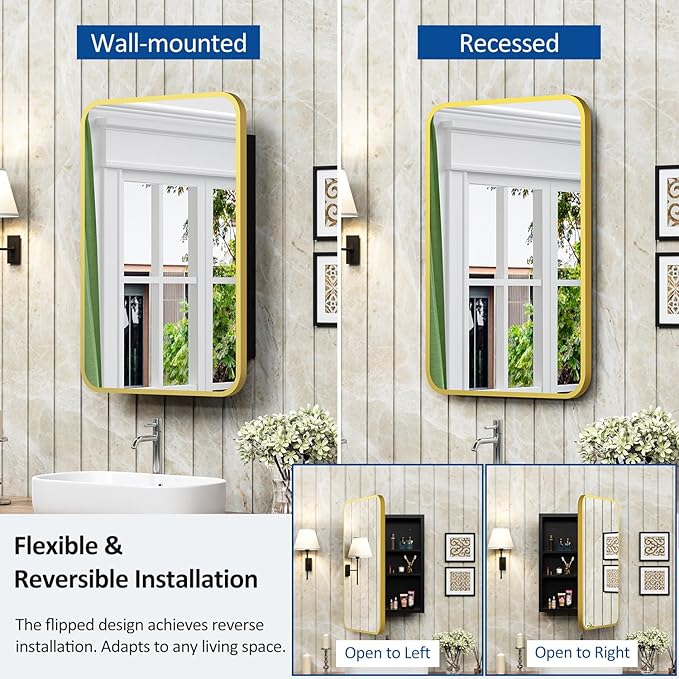 ACEMIRO 16x24 Inch Mirror Medicine Cabinet for Bathroom Gold Metal Frame Bathroom Medicine Cabinet with Mirror Recessed or Wall Mounted