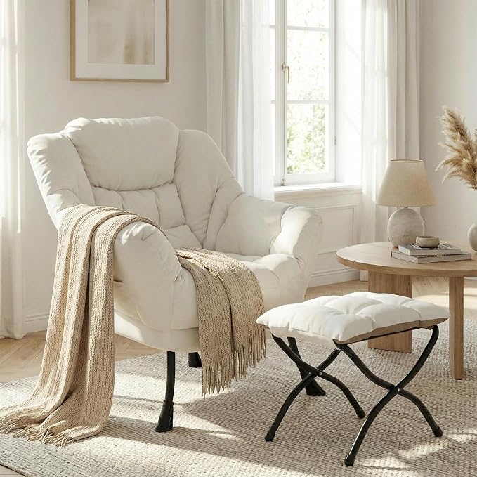 TLSUNNY Lazy Chair with Foldable Ottoman, Modern Comfy Lounge Chair, Large Sofa Armchair with Footrest and a Side Pocket, Reading Chair with Footstool for Bedroom, Living Room, Dorm (Beige)