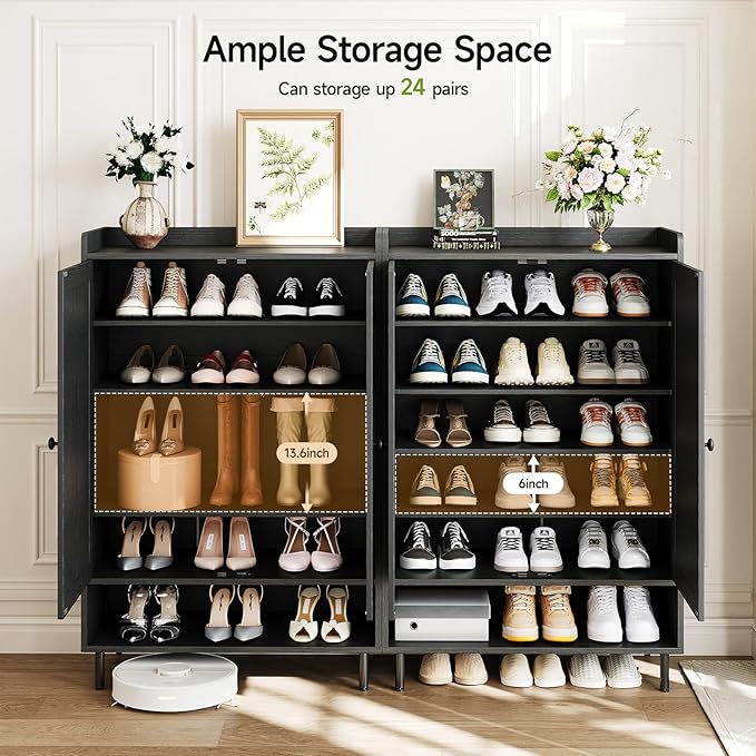 ComfyCorner Black 7+1 Tier Farmhouse Shoe Storage Cabinet - 45" Tall Entryway Organizer with Cross Molding Doors, 3 Adjustable Shelves & Metal Legs, Shoe Rack for Front Door Entrance