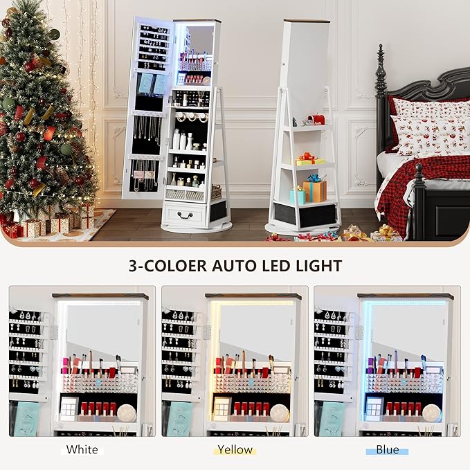 HWB Standing Full-Length Mirror Jewelry Armories, Jewelry Organizer with LED Lights 360° Swivel, Lockable Jewelry Cabinet, Jewelry Storage with Shelves & Stable Base White