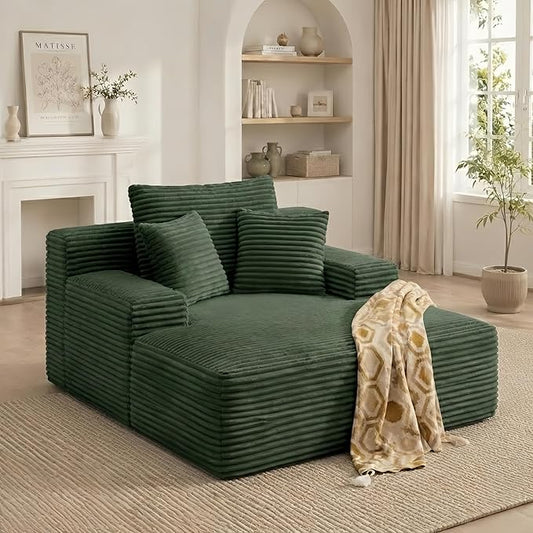 Oversized Boneless Chaise Sofa Bed, Corduroy Chaise Lounge Chair Indoor with Storage Pockets, Upholstered Cloud Sleeper Chair Bed for Small Space, Living Room, Bedroom, Apartment,Green