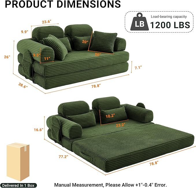 78.8" Convertible Sofa Bed with High Backrest Headrest, 5-in-1 Corduroy Boneless Couch with Side Pocket, Sleeper Loveseat Couch Bed Sectional Couches for Living Room, No Assembly, Light Green
