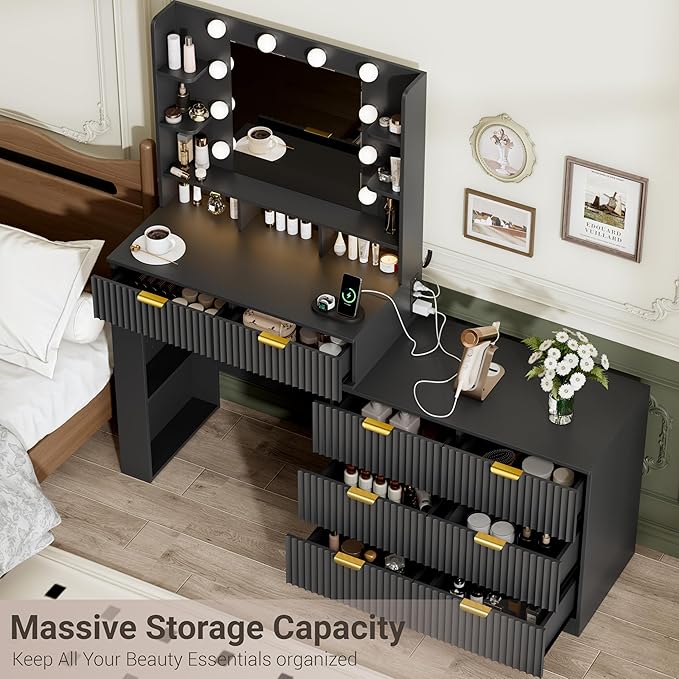 Vanity Desk with Mirror and Lights, Fluted Makeup Vanity with 8 Drawers, Storage Shelves, RGB Light and Power Outlet, Bedroom Dessing Table for Women, Girls, Black,56.7"