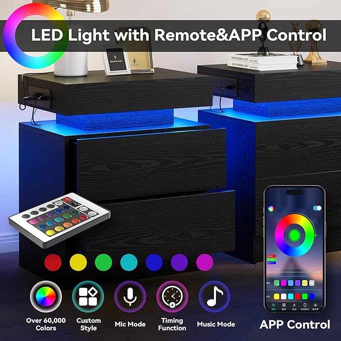 LIKIMIO Night Stand with Charging Station, Modern Black Nightstand with LED Light and Drawers, Bedside Tables/End Table for Bedroom