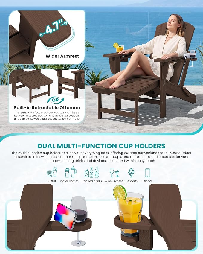 SERWALL Folding Adjustable Adirondack Chair with Footrest, HDPE Outdoor Chair with Dual Cup Holders, All Weather Adirondack Chair with Ottoman, Coffee