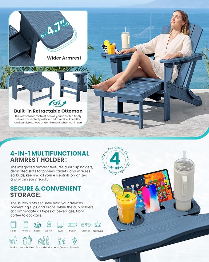 SERWALL Folding Adjustable Adirondack Chairs with Footrest Set of 2, HDPE Outdoor Chair with 4-in-1 Cup Holders, All Weather Adirondack Chair with Ottoman, Blue