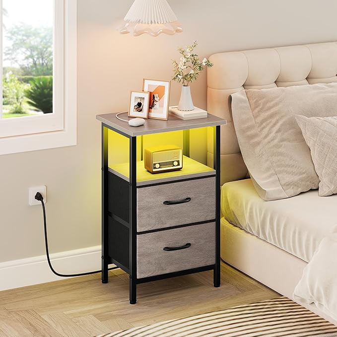 Vagusicc Nightstand with Charging Station, LED Night Stand with 2 Fabric Drawers, Bedside Table with Storage Shelf, 24.2" Tall Bed Side Table with USB Ports and Outlets for Bedroom, Greige