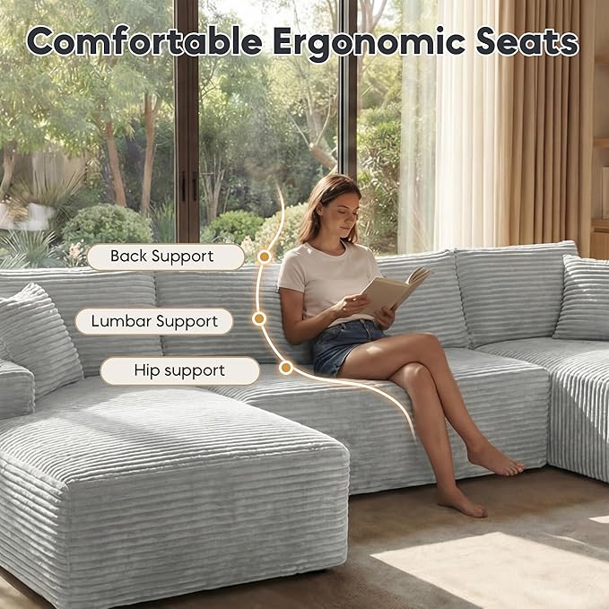 125 Inch Modular Sectional Sofa, Cloud Couch Oversized U Shaped Corduroy Sofa with Storage & Cupholders, Modern Deep Seat Boneless Couches for Living Room, No Assembly Required, Light Grey